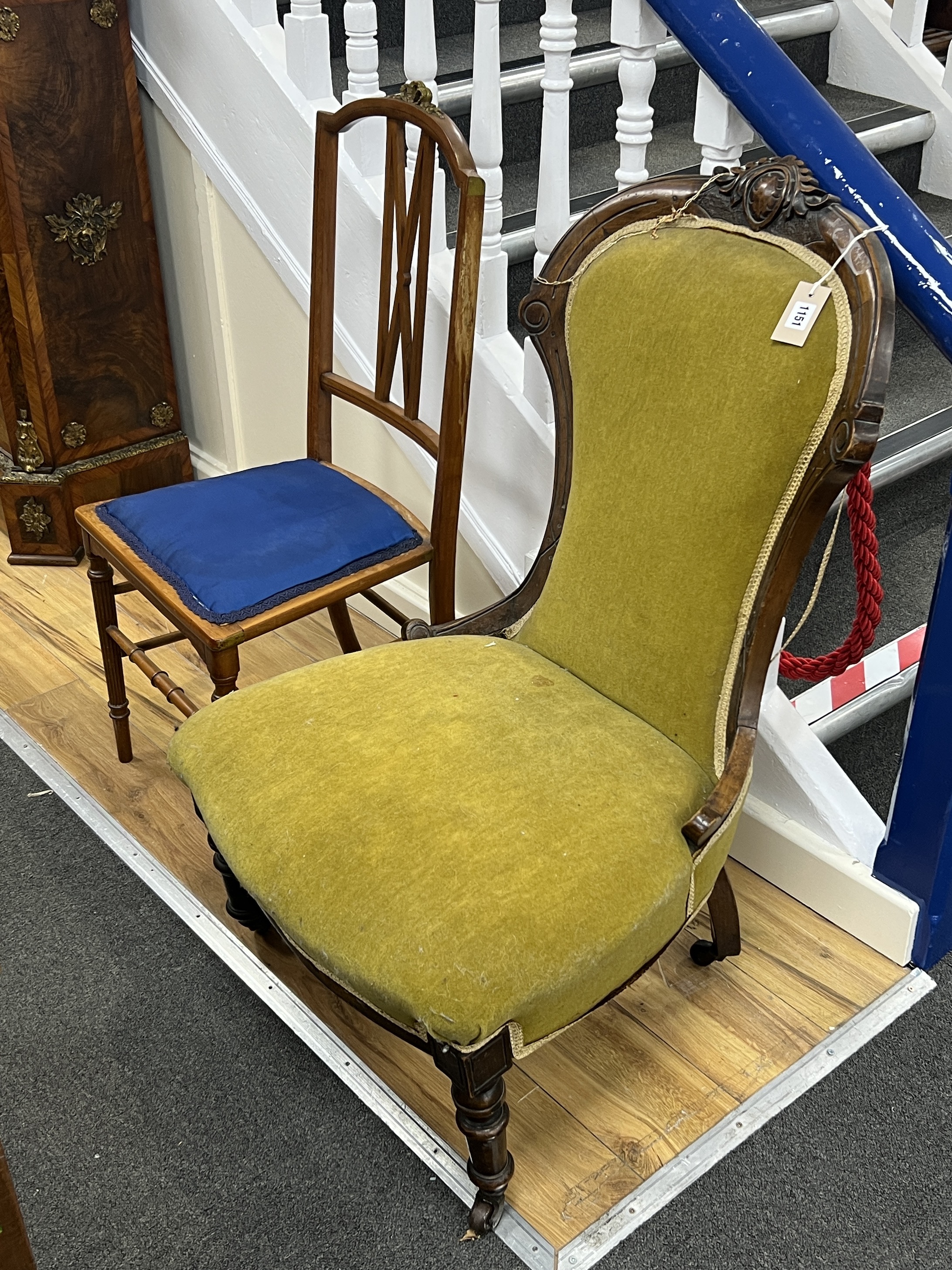 A Victorian mahogany spoon back nursing chair, height 96cm together with an Edwardian side chair